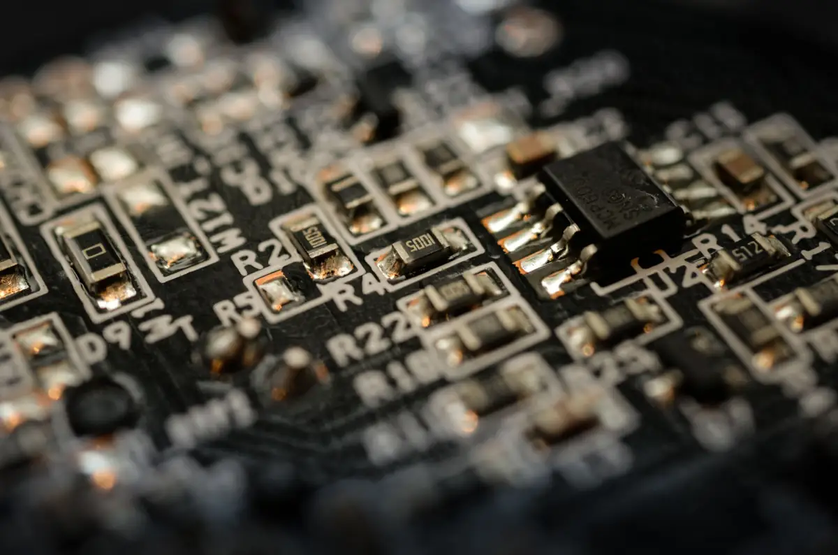 Shallow-focus close-up of a black circuit board