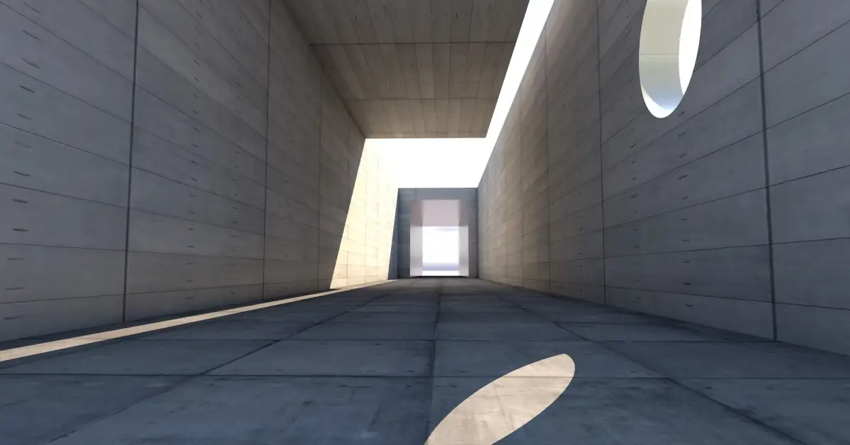 Concrete corridor with dramatic light and shadow